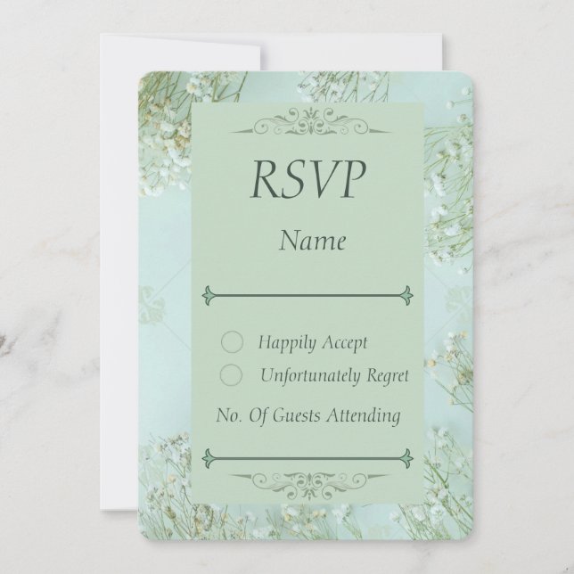 Tarjeta RSVP de Boda de Flores Blancas Verde azula (Anverso)