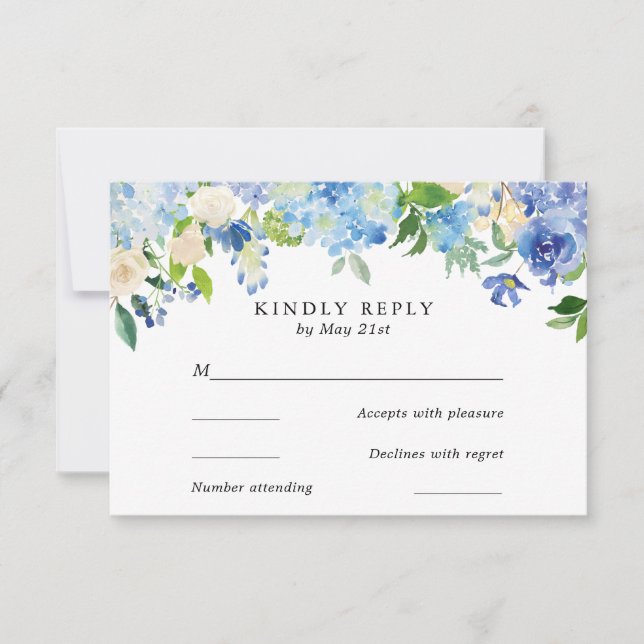 Tarjeta RSVP de Boda de Flores de Hidrangea Azul (Anverso)