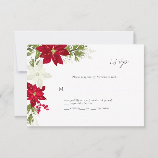 Tarjeta RSVP de Boda de Flores de Poinsettia clási (Anverso)