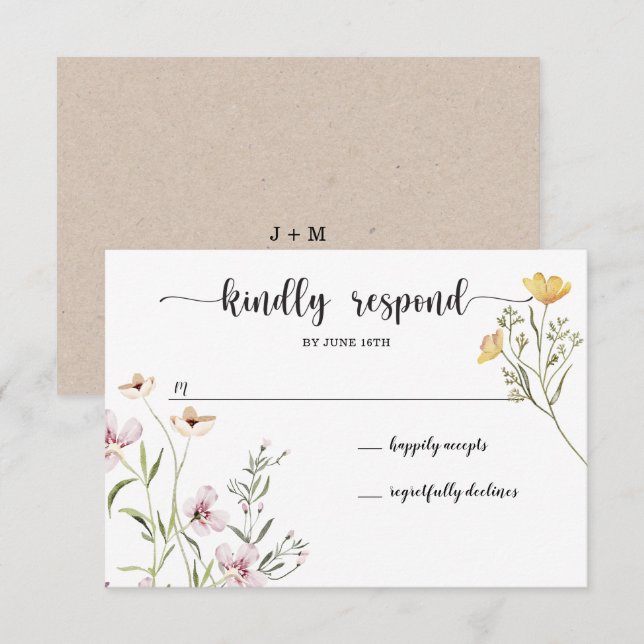 Tarjeta RSVP de boda de flores silvestres (Anverso / Reverso)