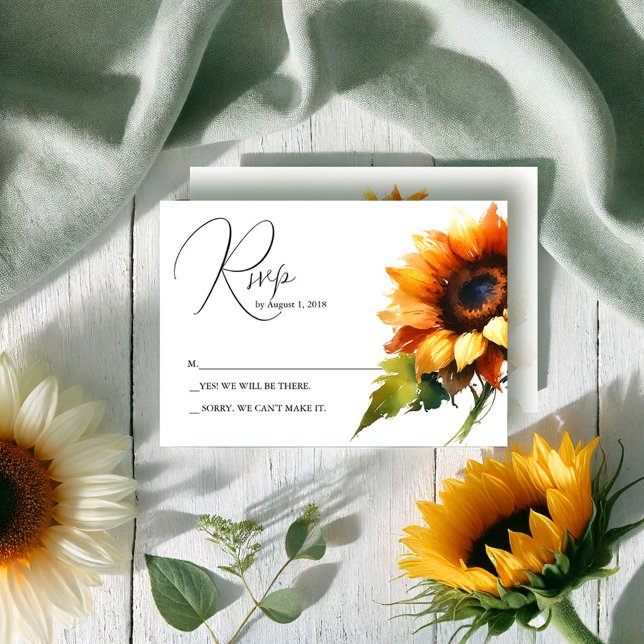 Tarjeta RSVP de boda de girasol amarillo (Rsvp cards watercolor sunflower wedding theme for rustic late summer and fall weddings)