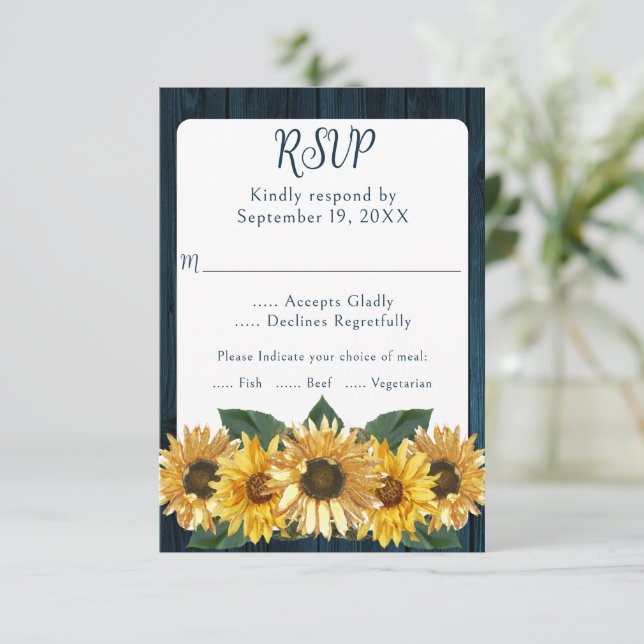 Tarjeta RSVP de boda de girasol azul rústico (Anverso de pie)