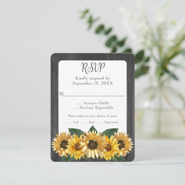 Tarjeta RSVP de boda de girasol con clima rústico (Anverso de pie)