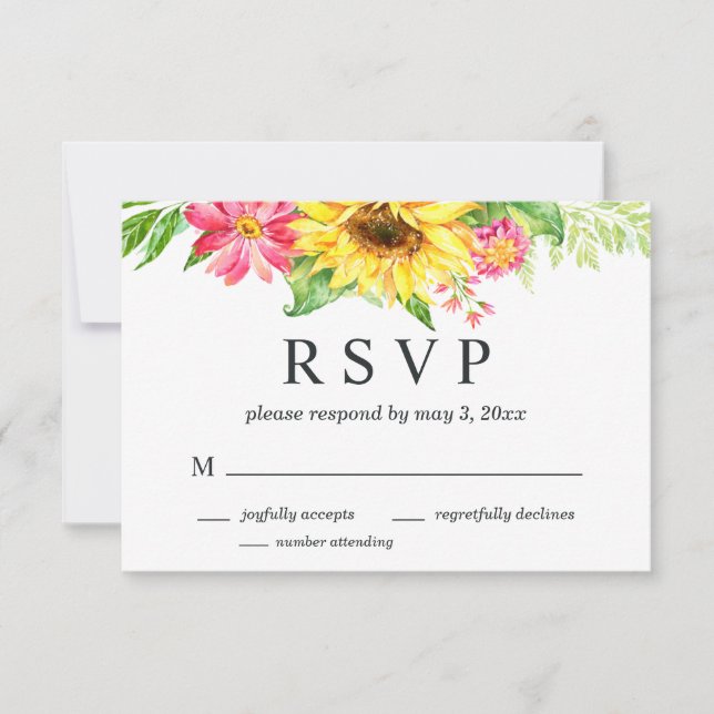 Tarjeta RSVP de boda de girasol con número de asis (Anverso)