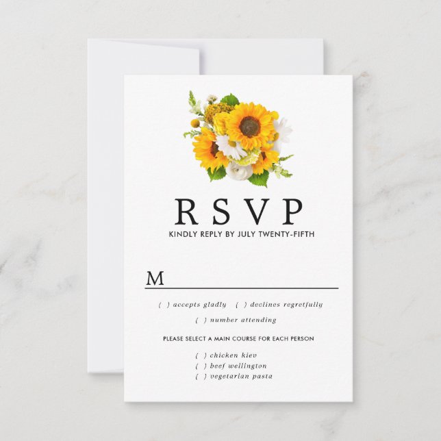 Tarjeta RSVP de boda de girasol, opciones de comid (Anverso)