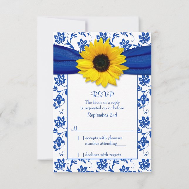 Tarjeta RSVP de boda de girasol Royal Blue Damask (Anverso)
