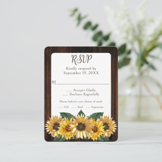 Tarjeta RSVP de boda de girasol rústico (Anverso de pie)