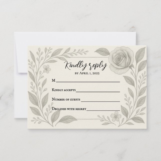 Tarjeta RSVP de boda de grafito floral (Anverso)
