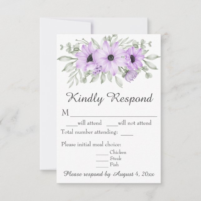 Tarjeta RSVP de Boda de Guión Floral de Lavanda Pú (Anverso)