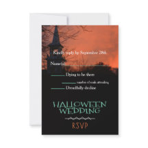 Tarjeta RSVP de boda de Halloween de la iglesia pa