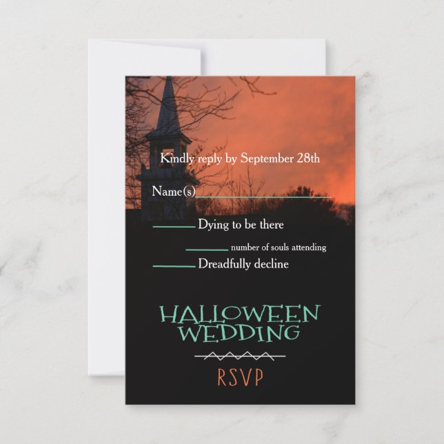 Tarjeta RSVP de boda de Halloween de la iglesia pa (Anverso)