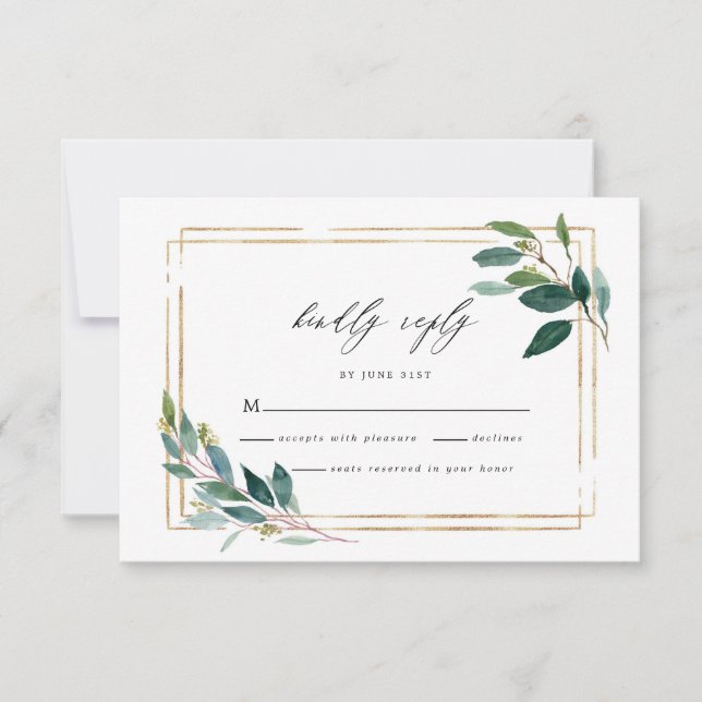 Tarjeta RSVP de Boda de hojas de eucalipto de oro (Anverso)