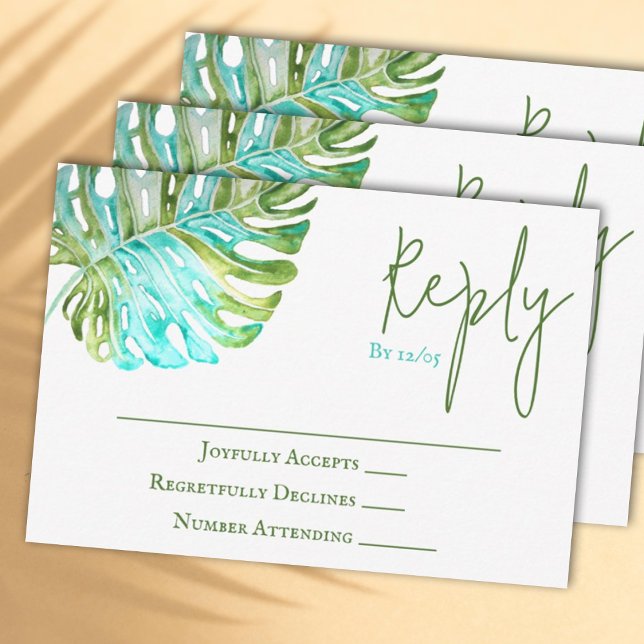 Tarjeta RSVP de boda de hojas de monastera tropica (Watercolor light green and turquoise monstera leaf wedding RSVP reply card)