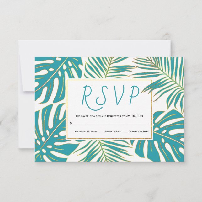 Tarjeta RSVP de boda de hojas tropicales verde azu (Anverso)