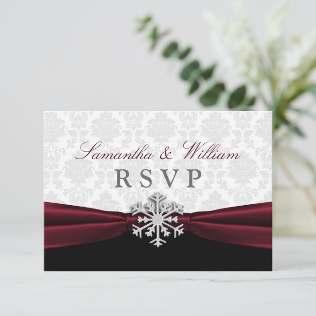 Tarjeta RSVP de Boda de Invierno de Borgoña (Anverso de pie)