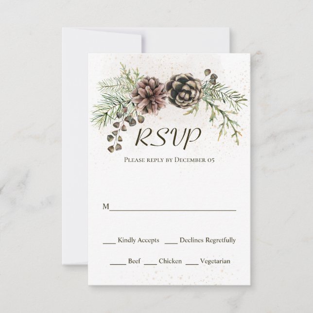 Tarjeta RSVP de Boda de Invierno de Cones de Pino (Anverso)