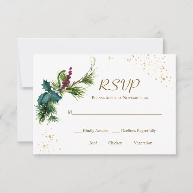 Tarjeta RSVP de Boda de Invierno Evergreen Holly p (Anverso)