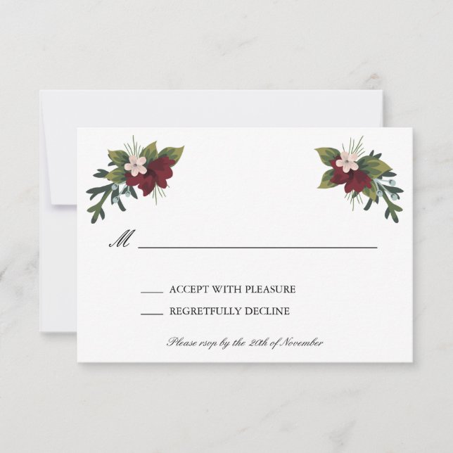 Tarjeta RSVP de boda de invierno floral de Marsala (Anverso)
