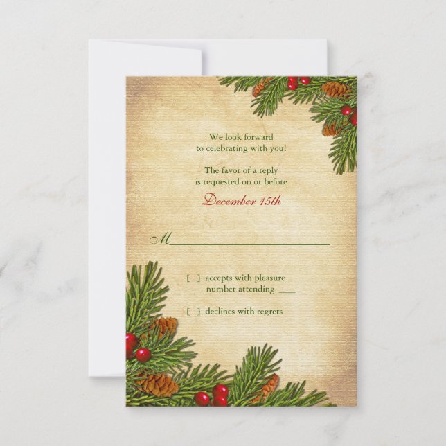 Tarjeta RSVP de Boda de Invierno Pines Boughs Holi (Anverso)