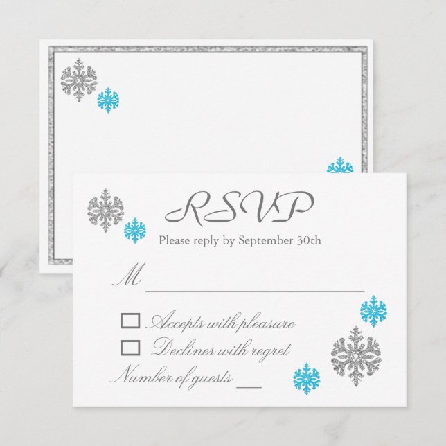 Tarjeta RSVP de Boda de Invierno Silver Blue Snowf (Anverso / Reverso)