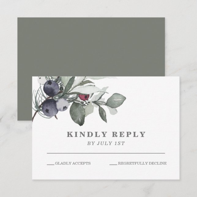 Tarjeta RSVP de Boda de Invierno y Verdor (Anverso / Reverso)