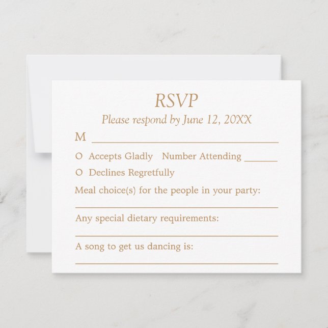 Tarjeta RSVP de Boda de Invitado Blanco Dorado Bei (Anverso)
