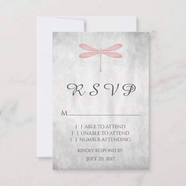 Tarjeta RSVP de boda de la libélula rosa (Anverso)