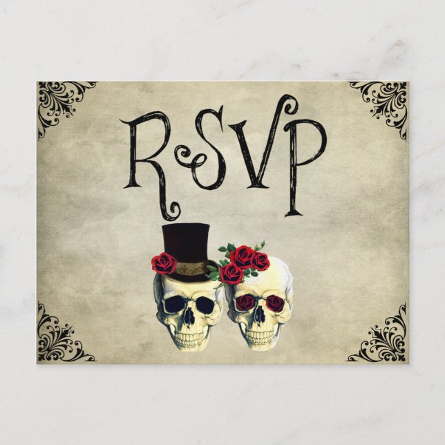 Tarjeta RSVP de Boda de la Novia y Groom Skull Wed (Anverso)