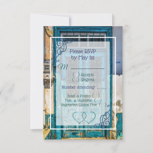 Tarjeta RSVP de boda de la puerta azul de la antig (Anverso)