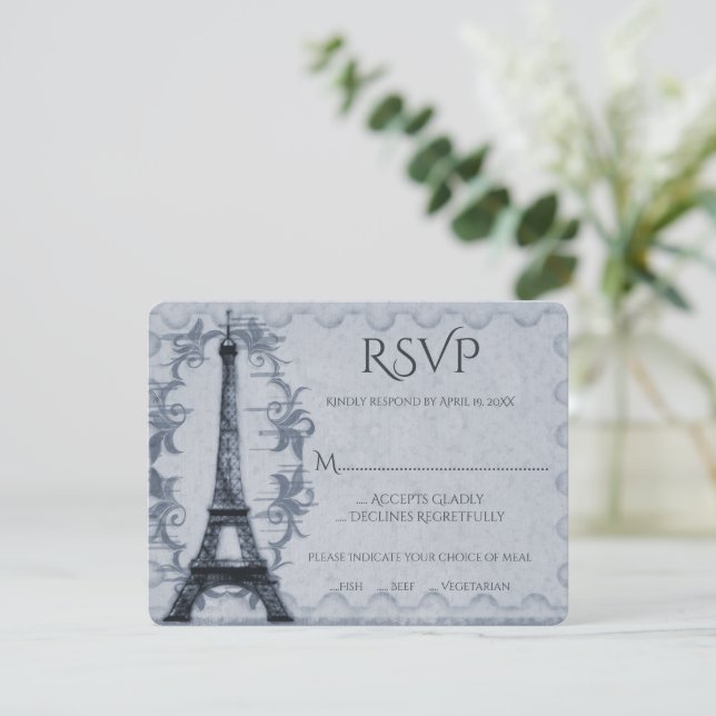 Tarjeta RSVP de boda de la Torre Eiffel Azul (Anverso de pie)