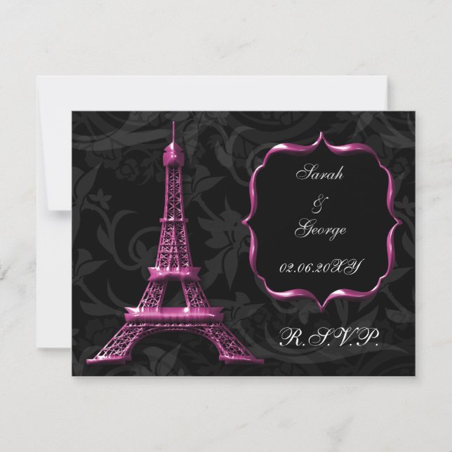 tarjeta rsvp de boda de la torre Eiffel rosa (Anverso)