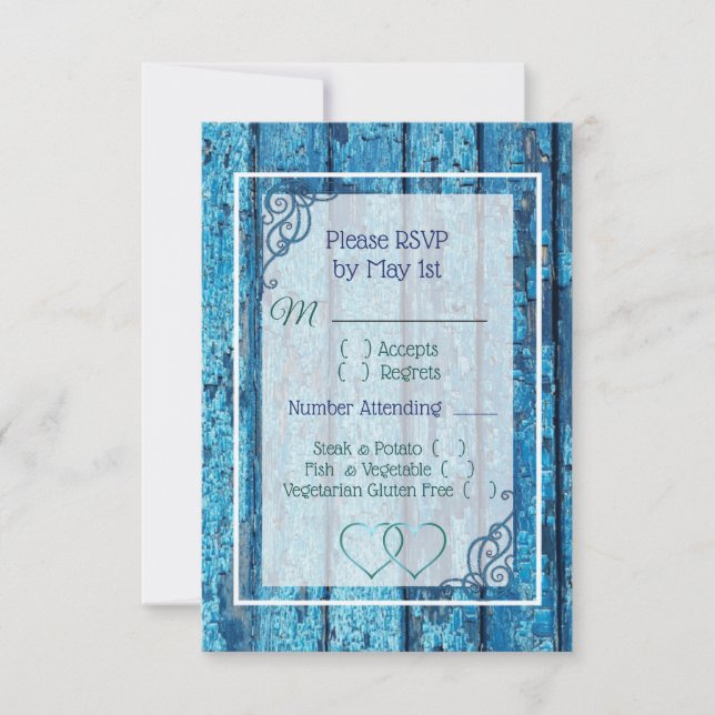Tarjeta RSVP de Boda de Madera Azul Antiguo (Anverso)