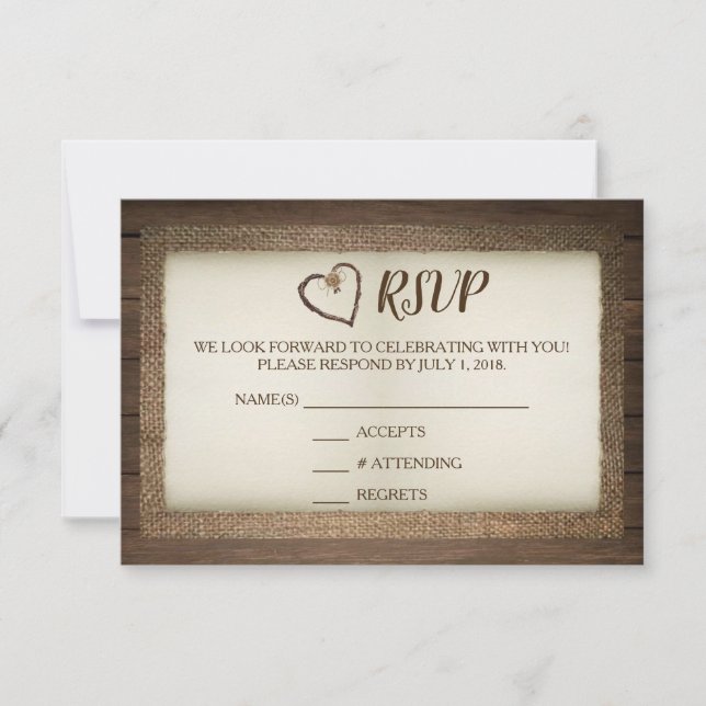 Tarjeta RSVP de Boda de Madera, Burlap y Twine Hea (Anverso)