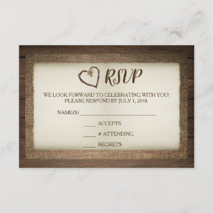 Tarjeta RSVP de Boda de Madera, Burlap y Twine Hea