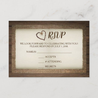 Tarjeta RSVP de Boda de Madera, Burlap y Twine Hea
