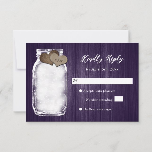 Tarjeta RSVP de Boda de Madera Purple Mason Jar (Anverso)
