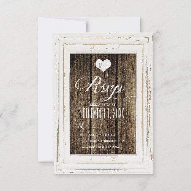 Tarjeta RSVP de Boda de Madera Rústica Blanca (Anverso)