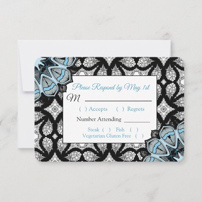 Tarjeta RSVP de boda de manala negra y azul (Anverso)