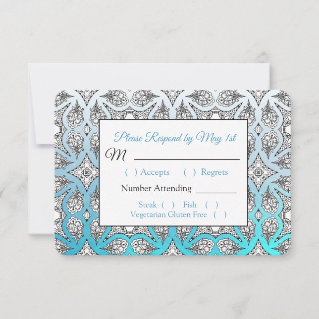 Tarjeta RSVP de boda de manala negra y azul (Anverso)