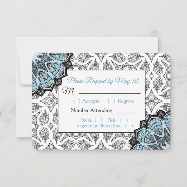 Tarjeta RSVP de boda de manala negra y azul (Anverso)