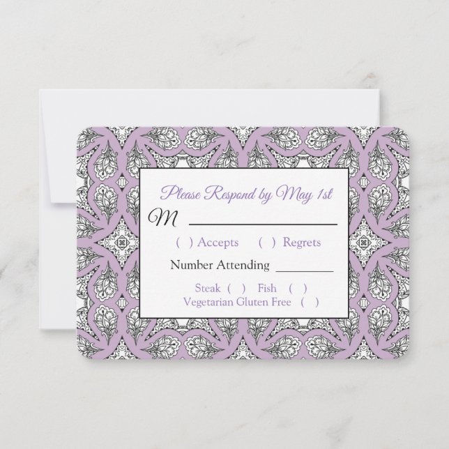 Tarjeta RSVP de boda de mandarala negra y púrpura (Anverso)