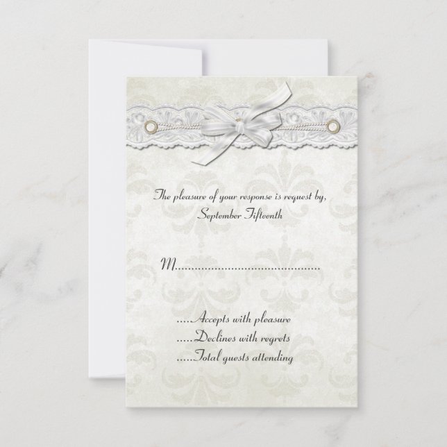 Tarjeta RSVP de boda de marfil-damasco (Anverso)