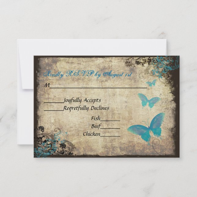 Tarjeta RSVP de Boda de Mariposa Azul Vintage (Anverso)
