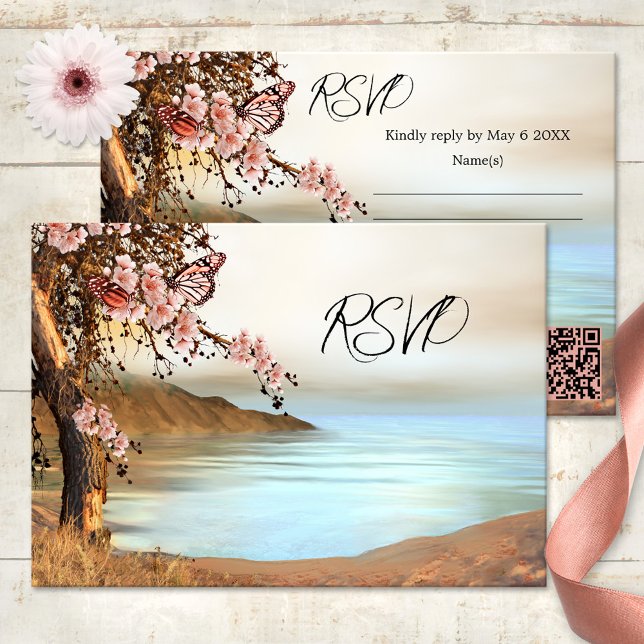 Tarjeta RSVP de Boda de mariposa de arándano rosa  (Spring wedding RSVP card featuring a cherry tree with pink butterflies at the waterfront)