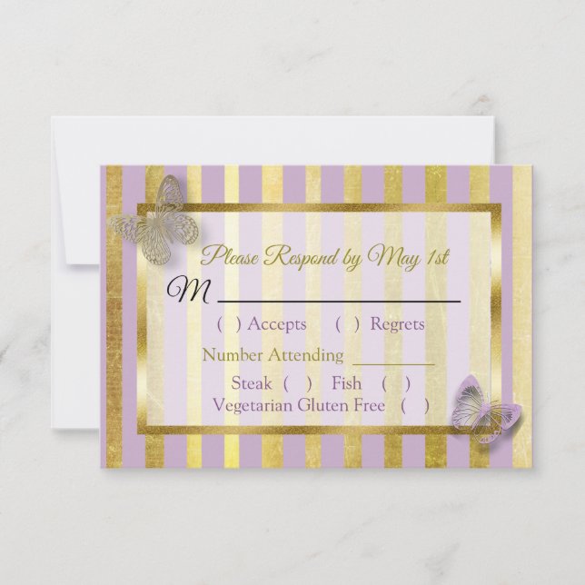 Tarjeta RSVP de boda de mariposa morada y dorada (Anverso)