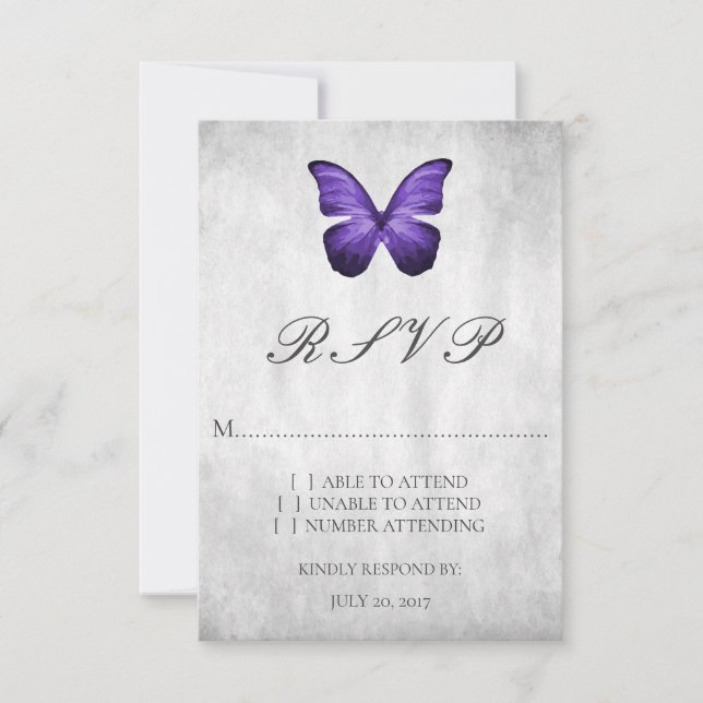 Tarjeta RSVP de boda de mariposa púrpura (Anverso)