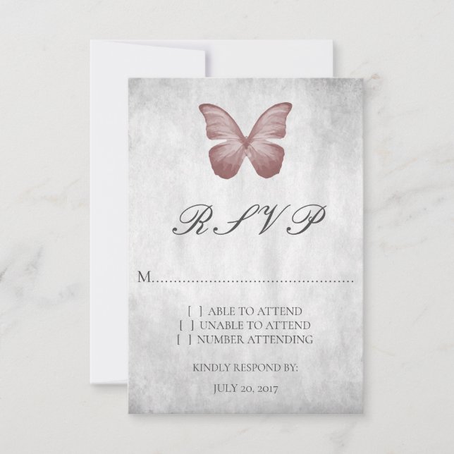 Tarjeta RSVP de boda de mariposa rosa (Anverso)