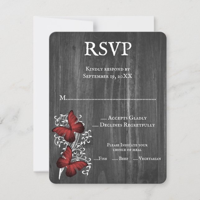 Tarjeta RSVP de boda de mariposa rusa roja (Anverso)