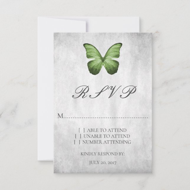 Tarjeta RSVP de boda de mariposa verde (Anverso)