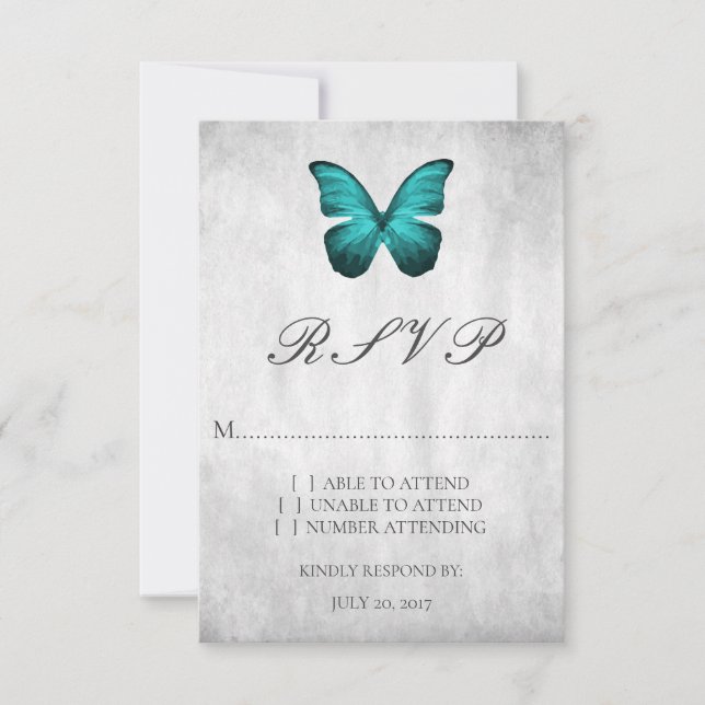 Tarjeta RSVP de boda de mariposa verde azulada (Anverso)